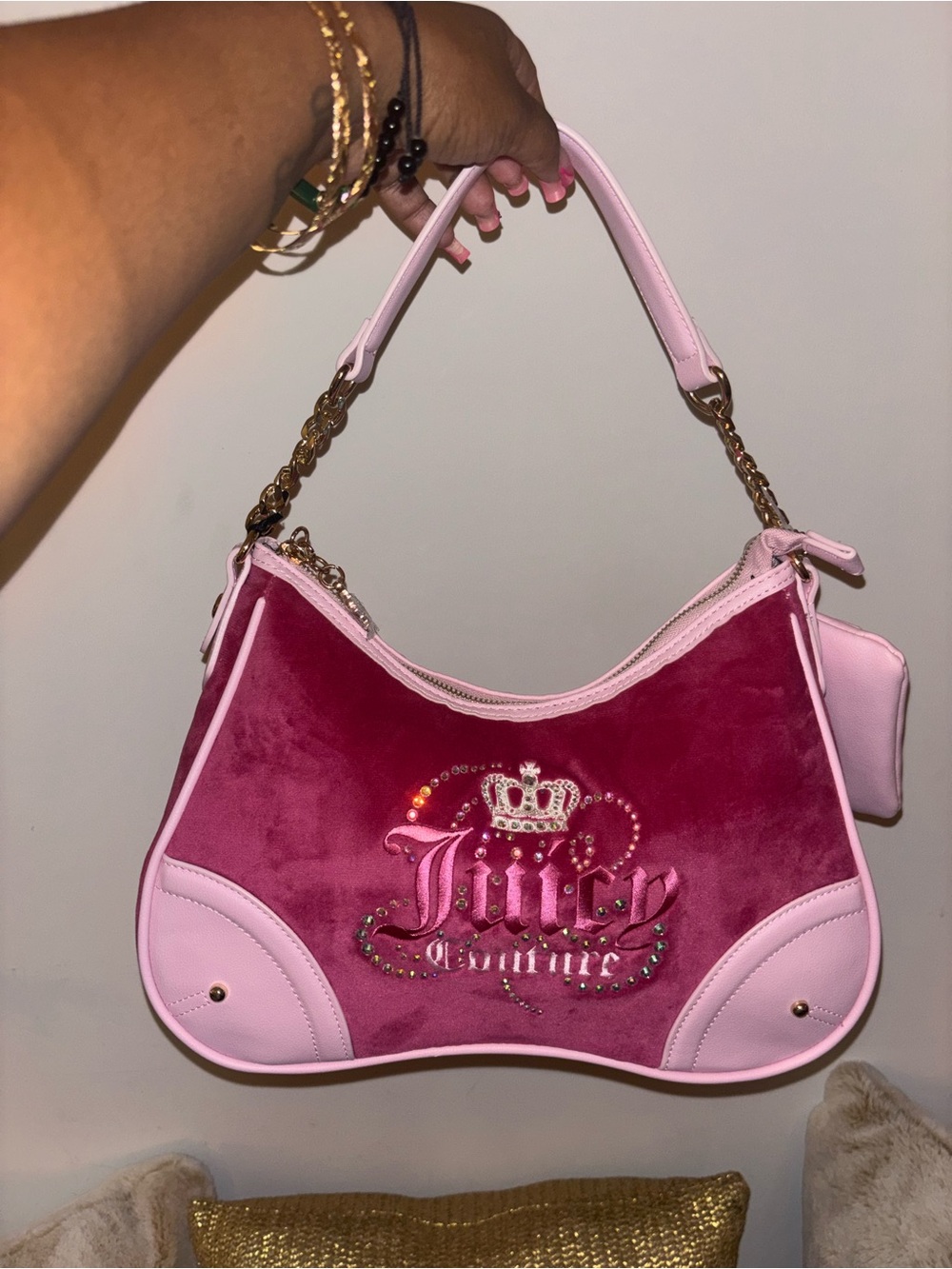 Juicy Couture Pink Velvet Shoulder Bag with Light Pink Trim